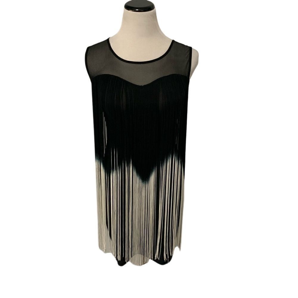 Lydia USA Sleeveless Black and White Ombre Fringe Mini Dress Sz S